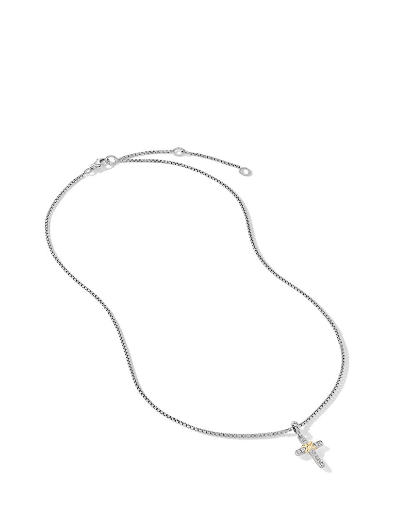 Petite Cross Necklace In Sterling Silver With 18k Yellow Gold With Diamonds, 20.8mm