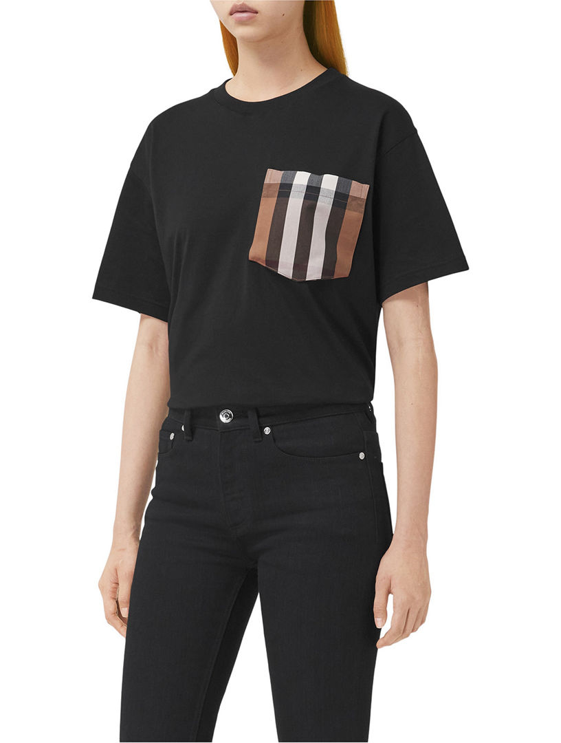 T-shirt oversize en coton avec poche Check (Noir) - Femme