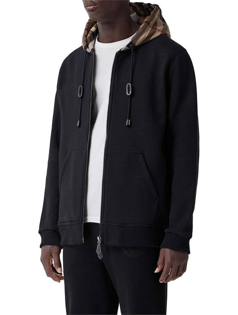 Check Hood Cotton Zip Hoodie in Black/archive beige - Men