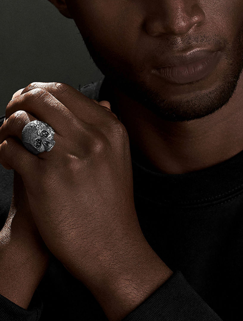 DAVID YURMAN Waves Skull Ring In Sterling Silver With Pavé Black