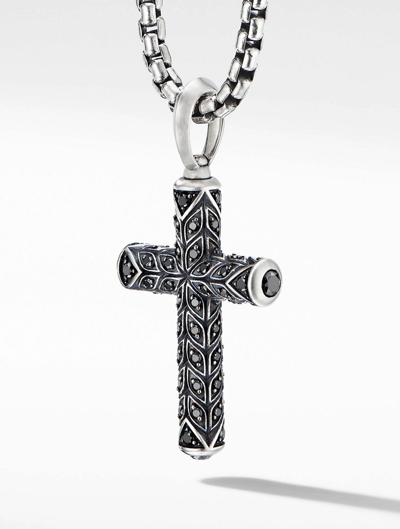 Chevron Cross Pendant In Sterling Silver With Pavé Black Diamonds