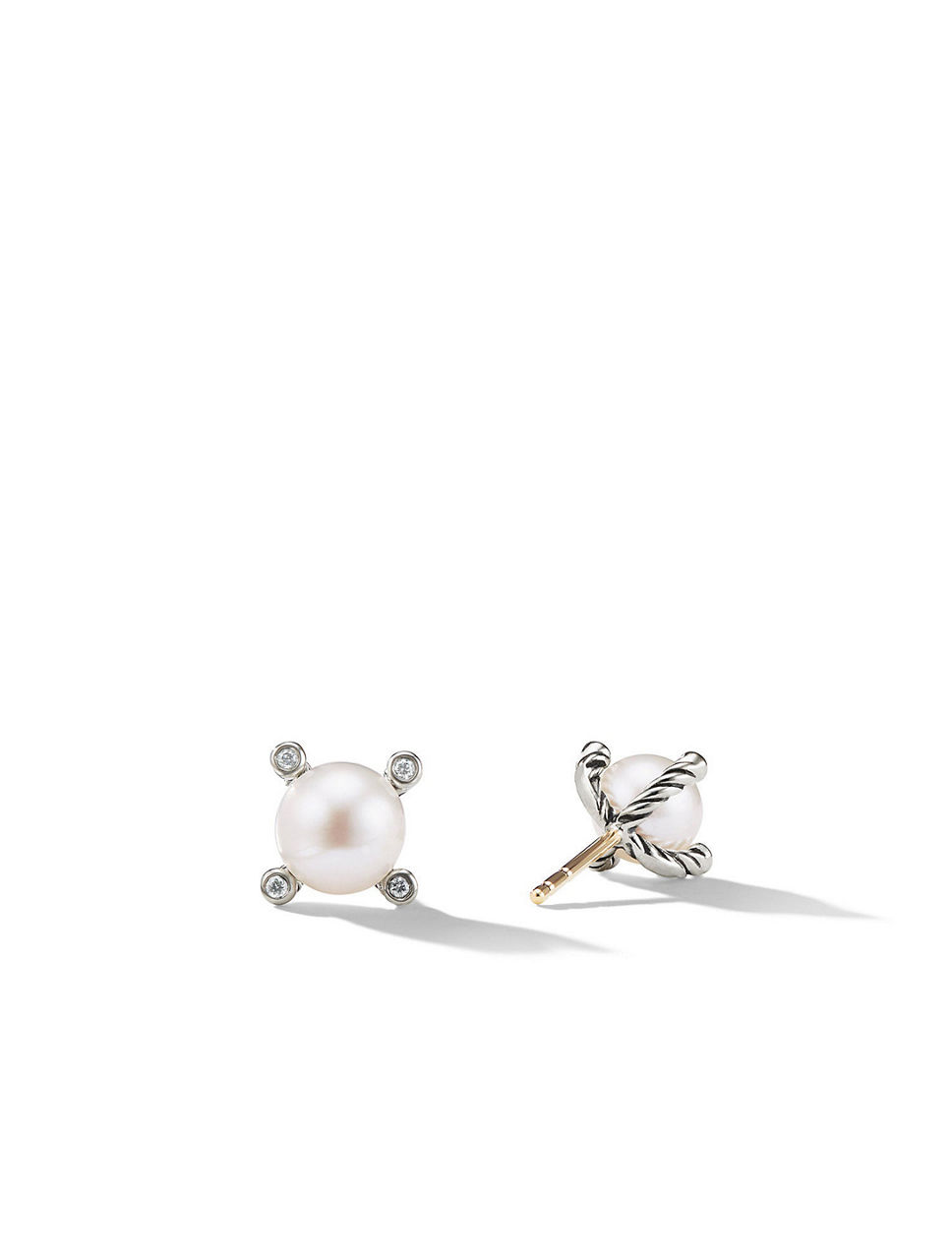 Cable Pearl Stud Earrings In Sterling Silver With Diamonds