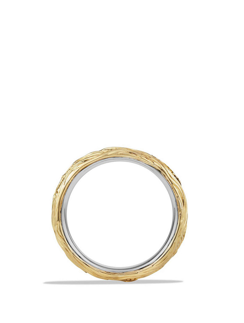 Waves Band Ring In Sterling Silver With 18k Yellow Gold And Pavé Black  Diamonds