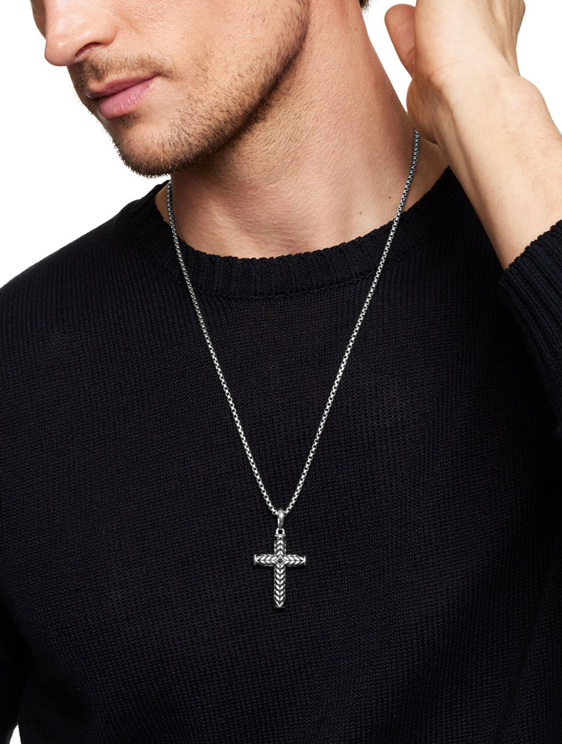 Chevron Cross Pendant In Sterling Silver With Black Diamonds, 36mm