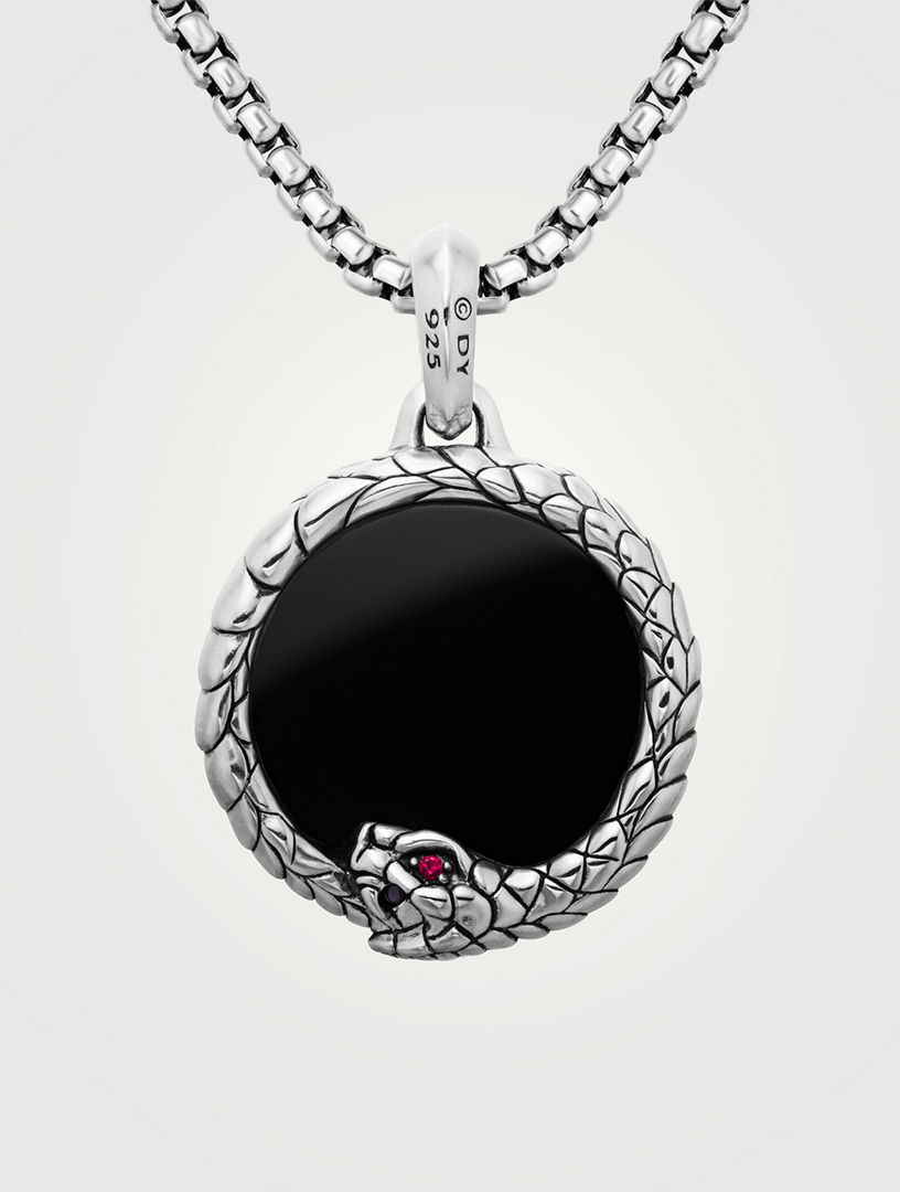 Ouroboros Amulet In Sterling Silver With Black Onyx And Ruby, 25mm