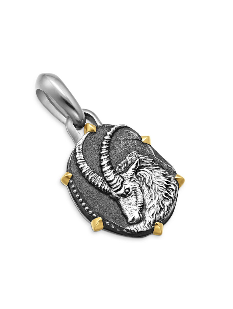Capricorn Amulet In Sterling Silver With 18k Yellow Gold, 33mm
