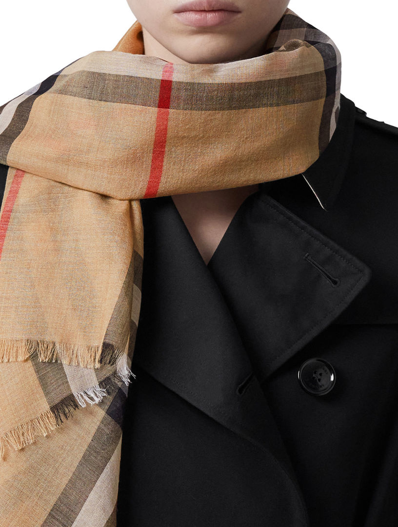 Check Lightweight Wool Silk Scarf in Archive Beige