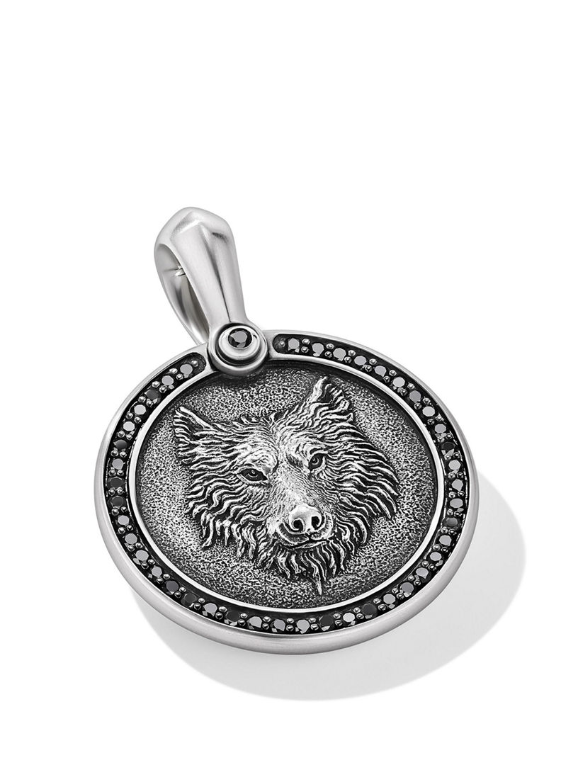 Petrvs® Wolf Amulet In Sterling Silver With Black Diamonds, 21mm