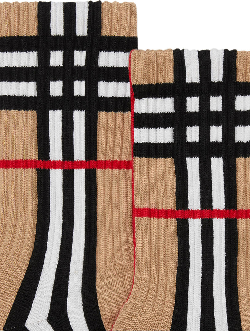 Check Intarsia Technical Stretch Cotton Socks in Archive beige