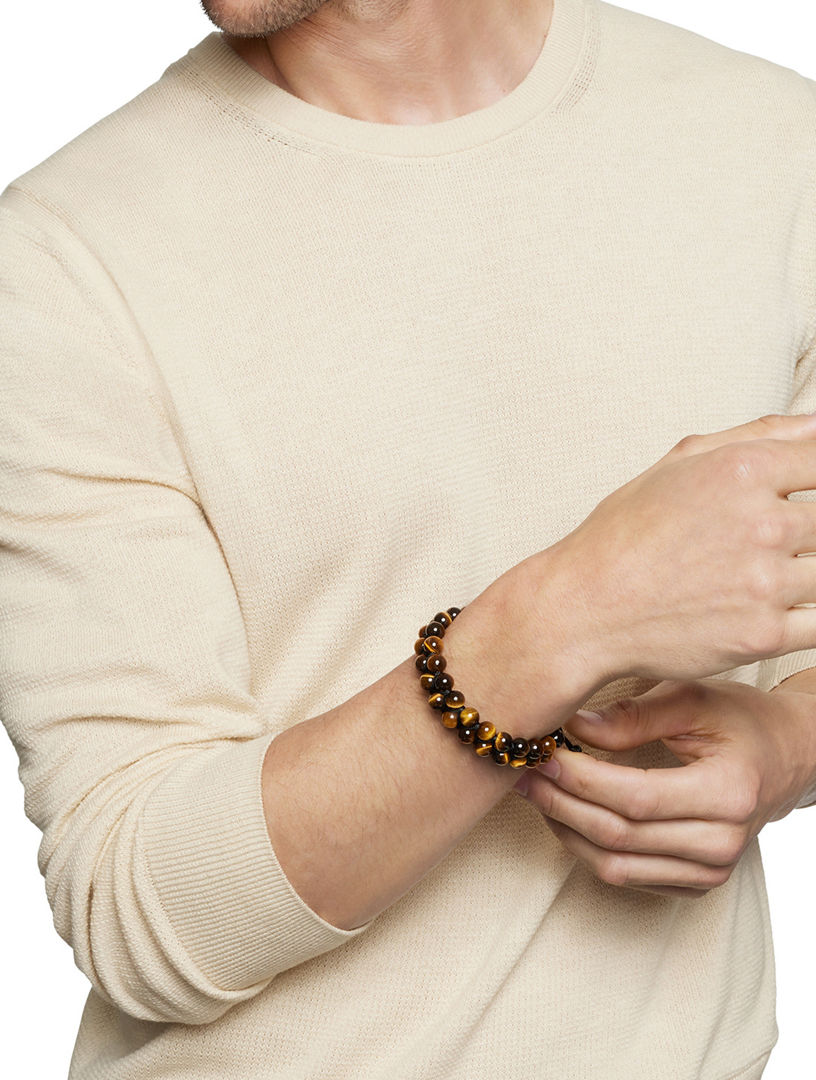 Spiritual Beads Two Row Woven Bracelet Sterling Silver With Tiger’s Eye, 8mm