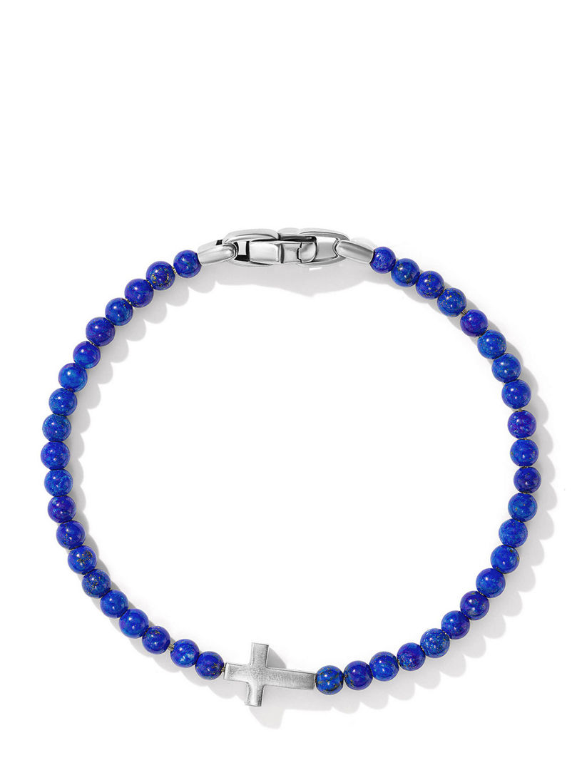 Spiritual Beads Cross Station Bracelet Sterling Silver With Lapis