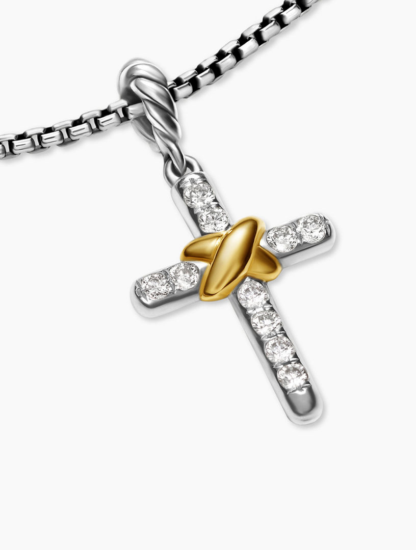 Petite Cross Necklace In Sterling Silver With 18k Yellow Gold With Diamonds, 20.8mm