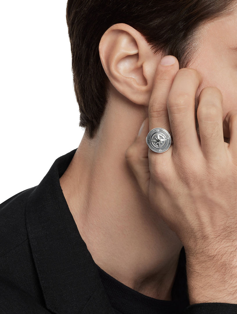 Maritime® Compass Signet Ring Sterling Silver With Center Black Diamond, 19.4mm