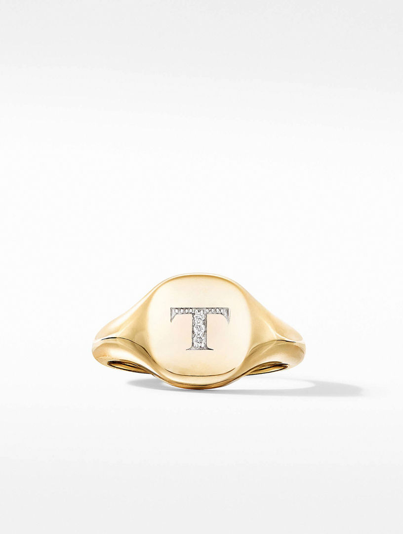 DAVID YURMAN Dy T Initial Pinky Ring In 18k Yellow Gold With Pavé