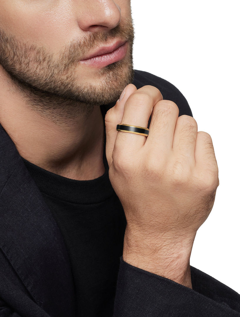Beveled Band Ring 18k Yellow Gold With Black Titanium, 6mm
