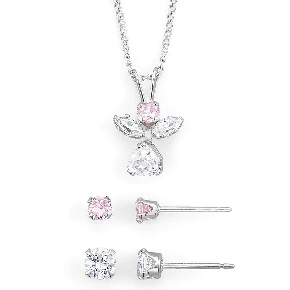 Girls Pink & White Cubic Zirconia Angel Jewelry Set, Girls