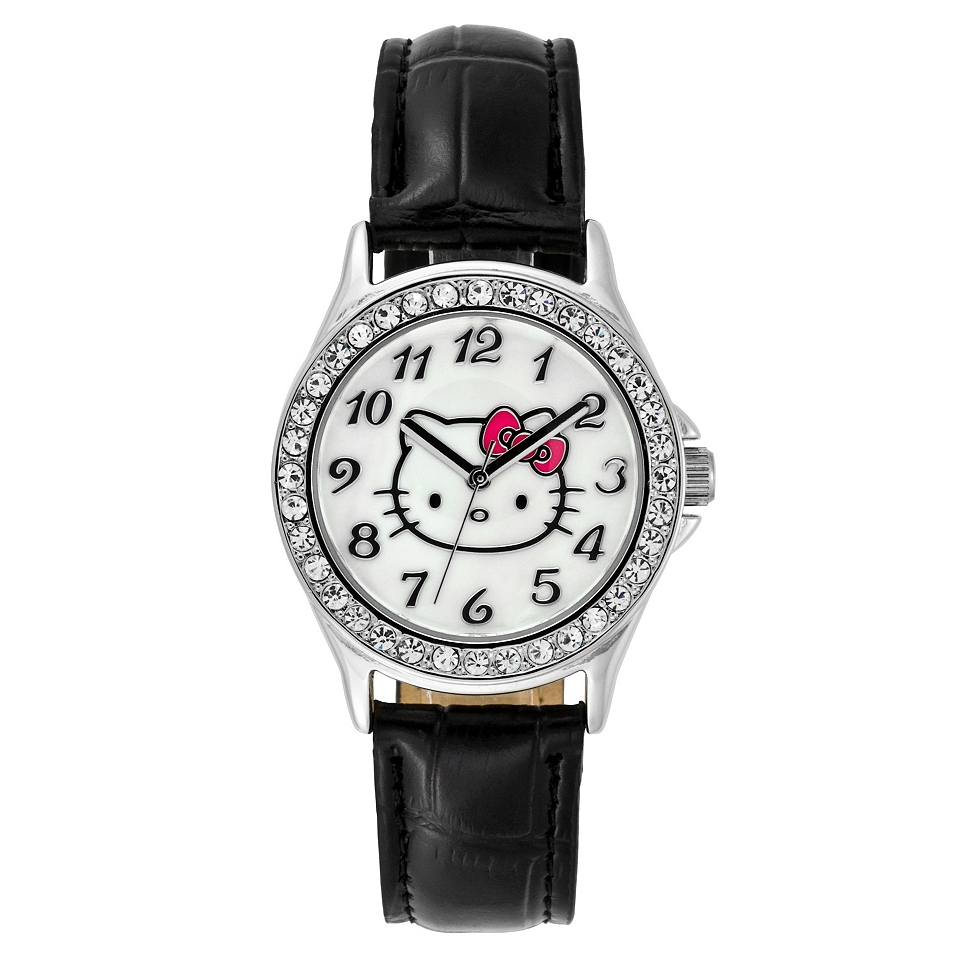 Hello Kitty Rhinestone Bezel Leather Strap Watch, Womens