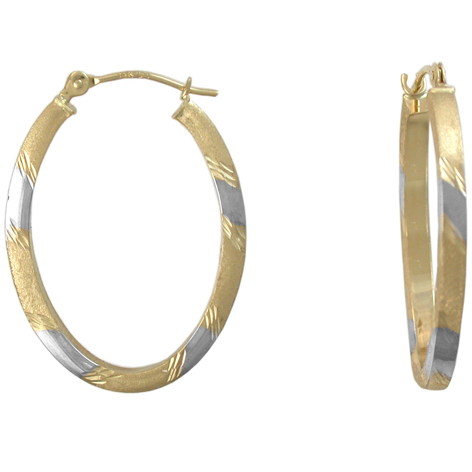 14K Gold Hoop Earrings, Two Tone Oval, Womens
