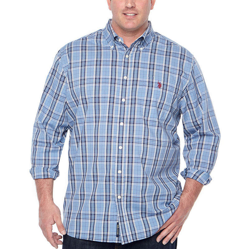 Uspa U.S. Polo Assn. Mens Y Neck Long Sleeve Plaid Button-Front Shirt Big And Tall, Size 2X-Large Tall, White