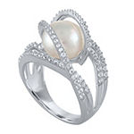 Womens 10MM White Cultured Freshwater Pearl Sterling Silver Cocktail Ring