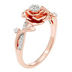 Enchanted Disney Fine Jewelry Womens 1/10 CT. T.W. Genuine White Diamond 10K Rose Gold Flower Beauty and the Beast Princess Cocktail Ring