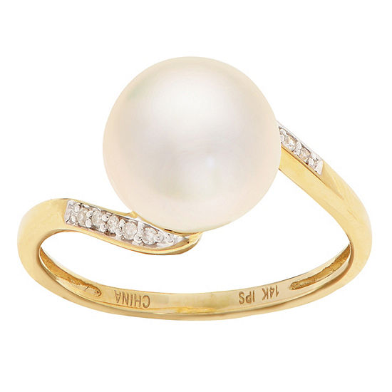 Womens Diamond Accent 9MM White Cultured Freshwater Pearl 14K Gold Cocktail Ring