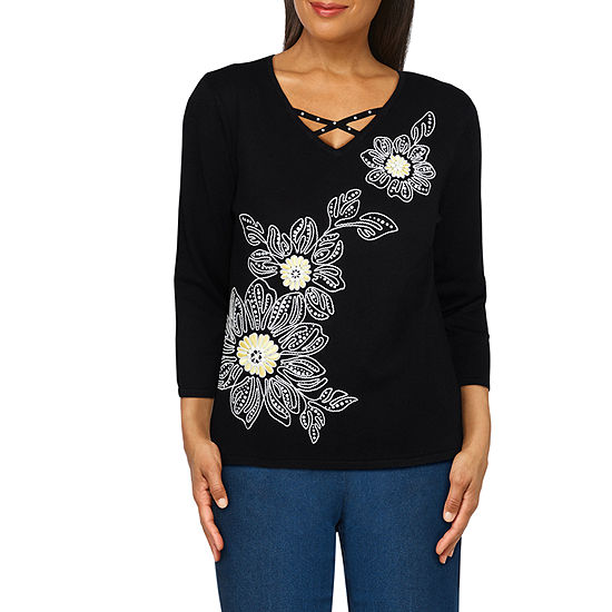 Alfred Dunner Southern Charm Womens V Neck 3/4 Sleeve Floral Pullover Sweater