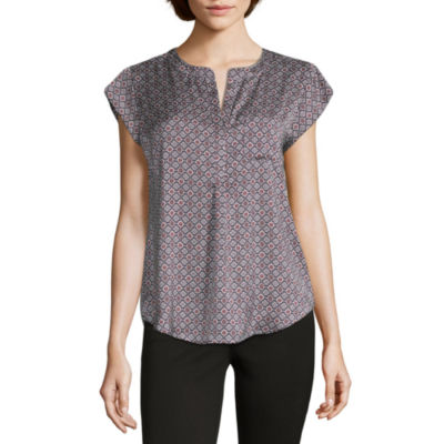 Liz Claiborne Short Sleeve Split Crew Neck Woven Blouse