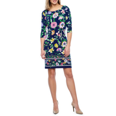 Liz Claiborne 3/4 Sleeve Midi Floral Shift Dress, Color: Navy Floral ...
