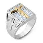 Mens White Cubic Zirconia Sterling Silver Cross Fashion Ring