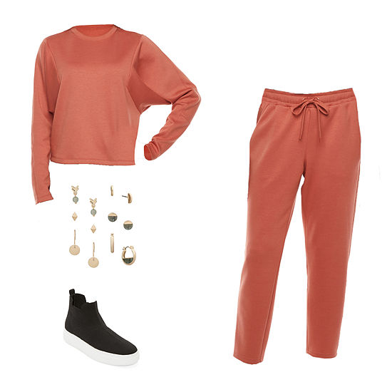 Coral Craving Stylus Sweatshirt, Ankle Pants, Slip-On Shoes & a.n.a earrings