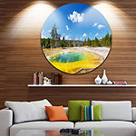 Design Art Morning Glory Pool with Bright Sky Landscape Photography Circle Metal Wall Art