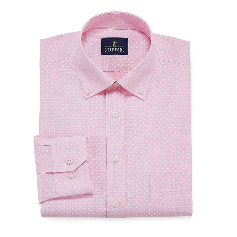 Stafford Slub Linen Look Long Sleeve Broadcloth Dress Shirt, Men'S, Pink White Diamond, Size 17-17.5/32-33