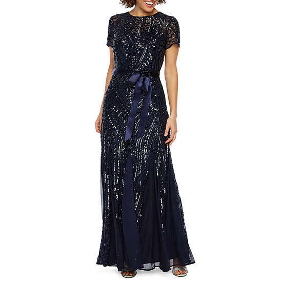 R & M Richards Short Sleeve Belted Evening Gown - JCPenney