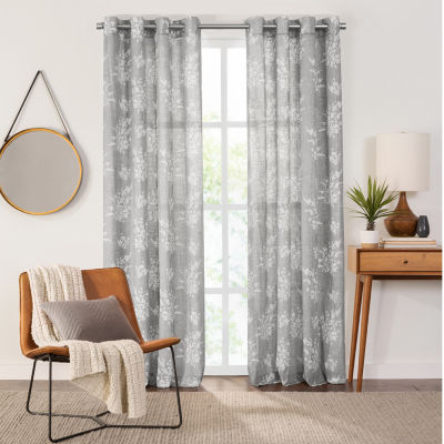 Fieldcrest Arden Tossed Bouquet Cotton Sheer GrommetTop Single Curtain Panel, Color Limestone