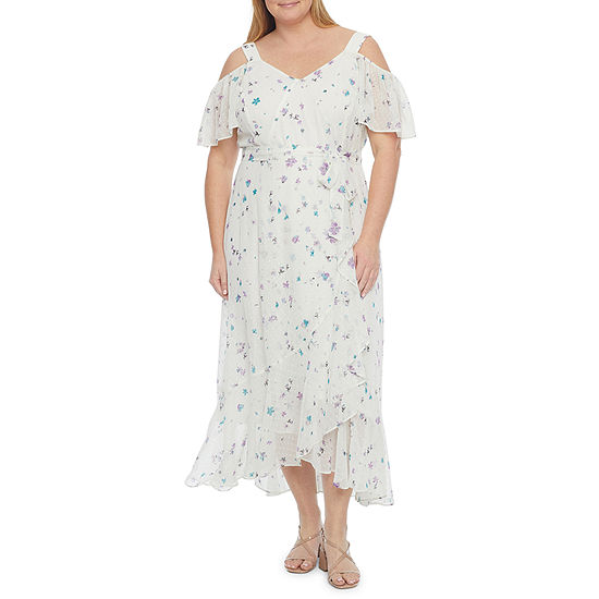 Melonie T Plus Short Sleeve Cold-Shoulder Floral Maxi Dress