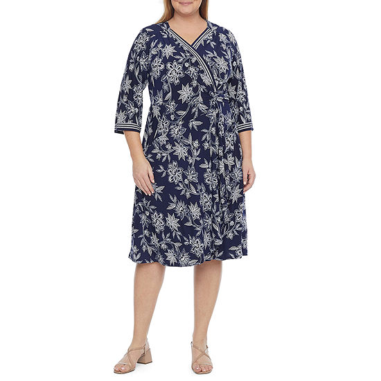 Bee Plus 3/4 Sleeve Floral & Flare Dress, Color: Navy - JCPenney