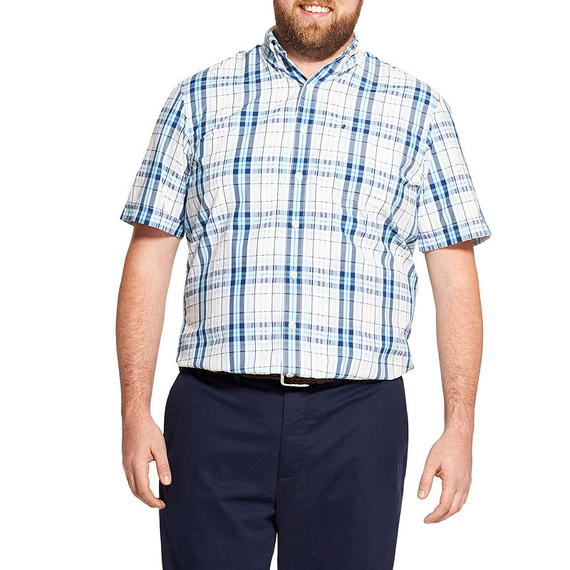 Izod The Breeze Shirt Mens Short Sleeve Cooling Moisture Wicking Plaid Button-Front Shirt Big And Tall, Size 5X-Large, White