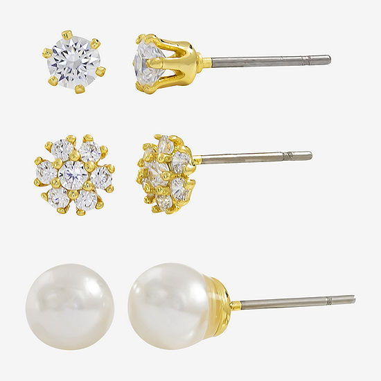 Sparkle Allure 3 Pair Cubic Zirconia Simulated Pearl Round 14K Gold Over Brass Earring Set