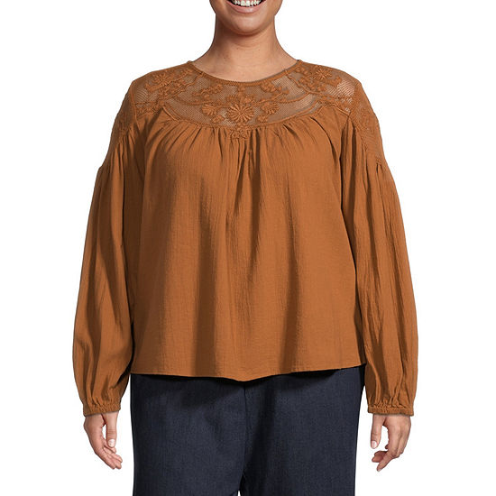 a.n.a Plus Womens Round Neck Long Sleeve Adaptive Embroidered Blouse