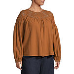a.n.a Plus Womens Round Neck Long Sleeve Adaptive Embroidered Blouse