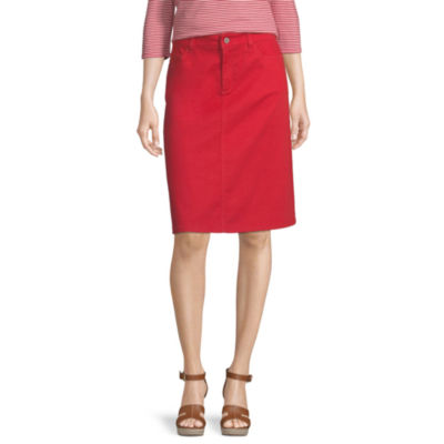 womens red denim skirt