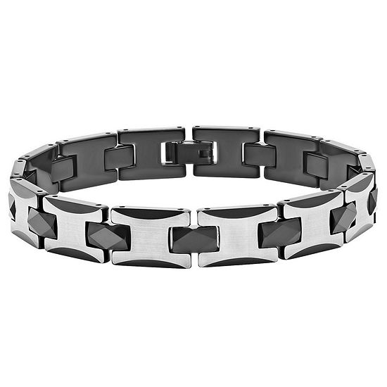 Mens 8 1/2 Inch Stainless Steel & Black Tungsten Link Bracelet