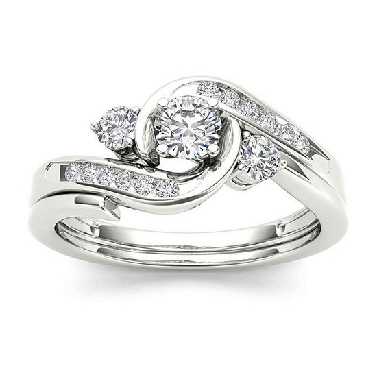 1/2 CT. T.W. Diamond 10K White Gold 3-Stone Bypass Ring Set, Color ...
