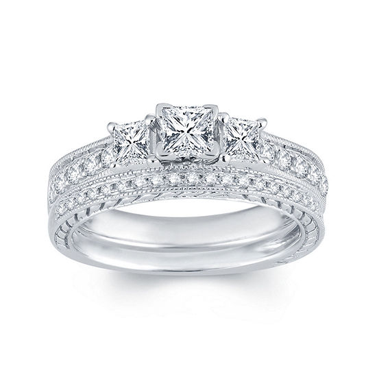 1 CT. T.W. Diamond 14K White Gold 3-Stone Bridal Ring Set