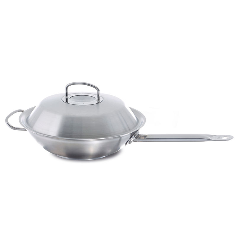 Fissler 12In Original Profi Wok With Long Handle And Domed Lid, Silver