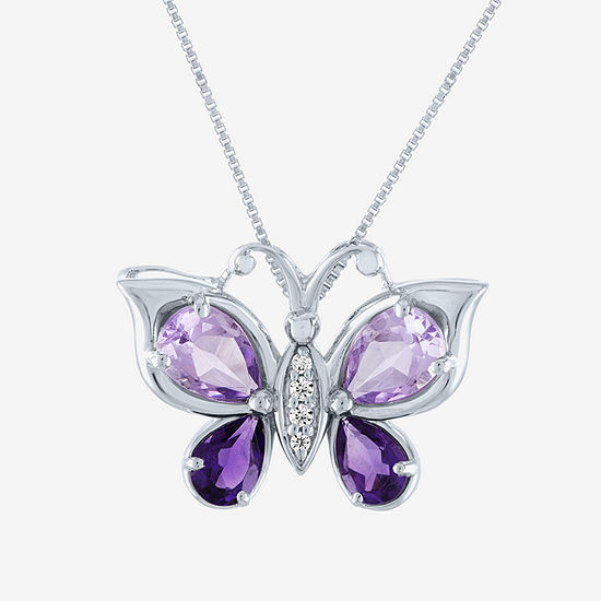 Womens Genuine Purple Amethyst Sterling Silver Butterfly Pendant Necklace