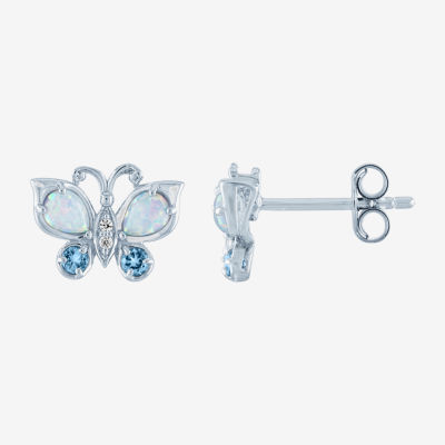 Lab Created Multi Color Opal Sterling Silver Butterfly Stud Earrings