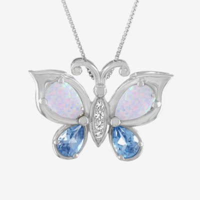Womens Lab-Created Opal and Genuine Blue Topaz Sterling Silver Butterfly Pendant Necklace