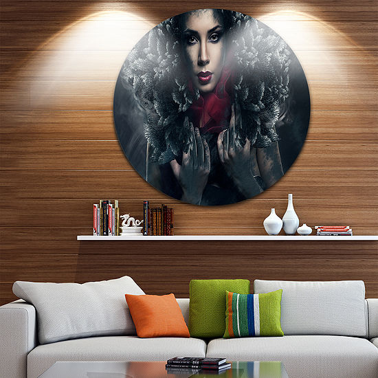 Design Art Passionate Woman in Feather Hood CircleMetal Wall Art